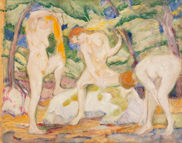 Badende Frauen. by Franz Marc. 1910. Motifs recorded: nude, trees, women, naked, green, yellow, hair, blue.
