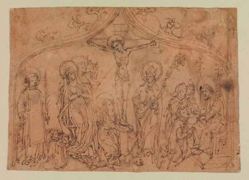 Altarskizze (?) mit der Kreuzigung Christi, zwei Heiligen und Pilgerkommunion. by Meister der Gewandstudien. 1490. Motifs recorded: kreuzigung, jesus, kreuz, maria, zeichnung, bischof, heiligenschein, christus.