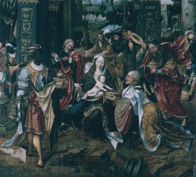Anbetung der Heiligen Drei Könige. by Meister der Grooteschen Anbetung. 1519. Motifs recorded: maria, jesus, geschenke, könige, gold, menschen, gaben, kind.