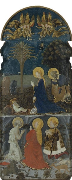 Anbetung des Kindes vor nächtlicher Landschaft mit den Heiligen Hieronymus, Magdalena und Eustachius. by Meister der Karlsruher Anbetung. 1450. Motifs recorded: maria, engel, palme, jesus, heiligenschein, josef, gold, blau.