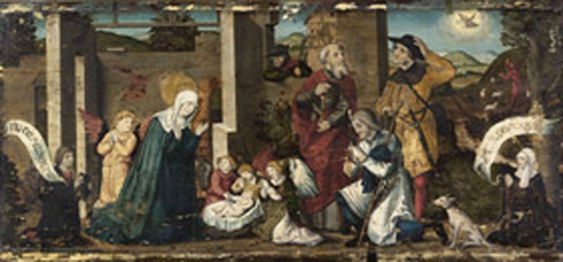 Anbetung des Kindes durch die Hirten mit einem Stifterpaar. by Hans Schäufelein (Schule). 1515. Motifs recorded: engel, maria, hund, jesus, geburt, hirten, josef, anbetung.