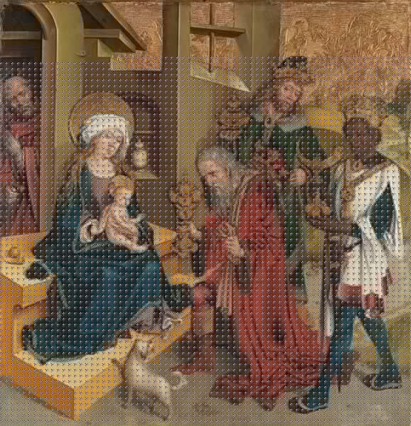 Anbetung der Könige. by Meister des Salemer Altars. 1500. Motifs recorded: maria, hund, jesus, gold, könige, josef, blau, kind.