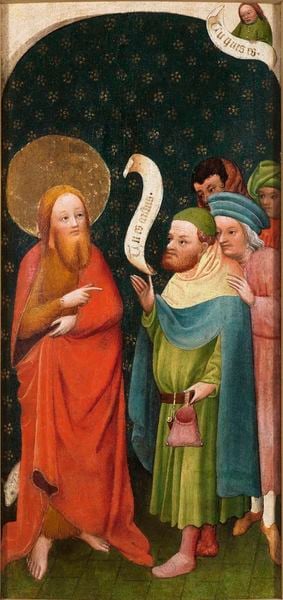 Befragung des Täufers durch Priester und Leviten. by Oberrheinischer Meister. 1410. Motifs recorded: rot, heiligenschein, bart, jesus, grün, beutel, blau, christus.