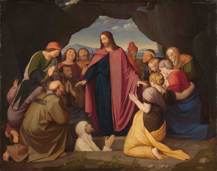 Auferweckung des Lazarus. by Friedrich Overbeck. 1822. Motifs recorded: höhle, jesus, frauen, grab, rot, himmel, beten, blau.