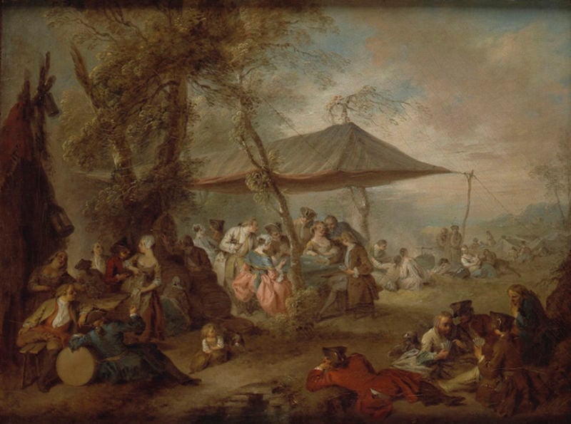 Freuden des Soldatenlebend. by Jean-Bapt. François Pater. 1730–1735. Motifs recorded: zelt, menschen, baum, frauen, wolken, männer, tent, himmel.