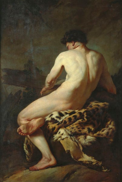 Akt als Bacchus. by Jean-Baptiste Marie Pierre. 1735–1740. Motifs recorded: fell, mann, rücken, akt, nackt, leopard, fuß, haare.