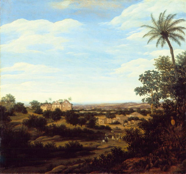 Brasilianische Landschaft. by Frans Jansz. Post. 1657. Motifs recorded: palme, landschaft, himmel, menschen, wolken, bäume, häuser, haus.