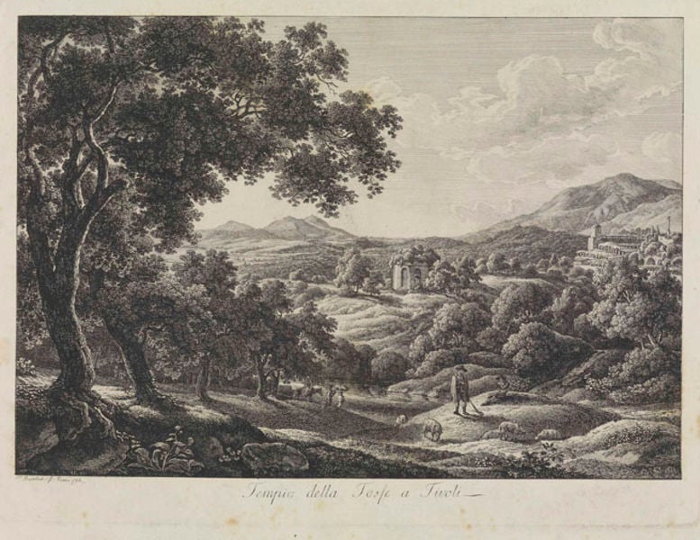 Tempio della Tosse a Tivoli. by Johann Christian Reinhart. 1793. Motifs recorded: landschaft, schafe, hügel, bäume, berge, wolken, hirte, baum.