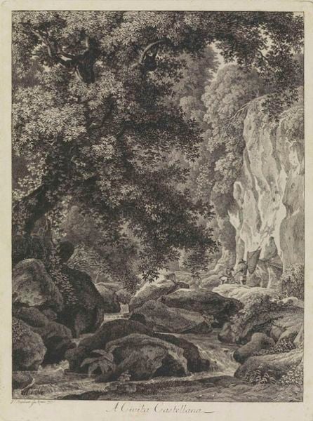 A Civita Castellana. by Johann Christian Reinhart. 1793. Motifs recorded: baum, felsen, wasser, bach, steine, fluss, blätter, landschaft.