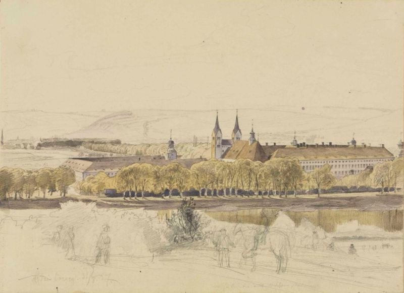 Blick von Südosten auf die Abtei Corvey. by Wilhelm Ludwig Friedrich Riefstahl. 1857. Motifs recorded: bäume, kirche, pferd, zeichnung, kloster, landschaft, türme, menschen.