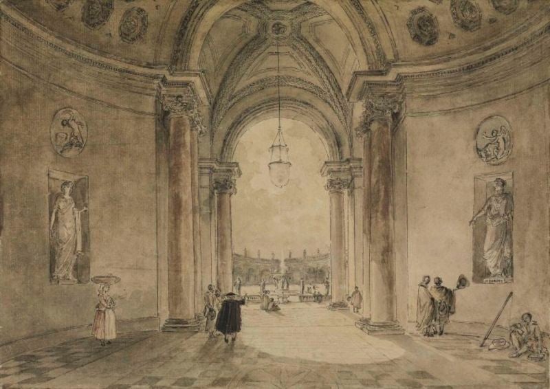 Blick durch das Atrium des Casinos in das Gartenparterre der Villa Albani. by Hubert Robert. 1763–1764. Motifs recorded: people, statue, statues, woman, columns, drawing, men, women.