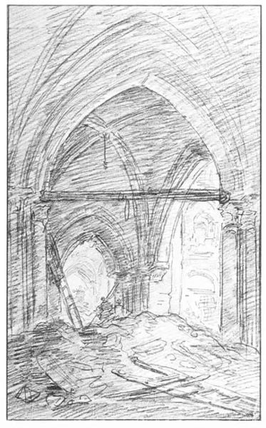 Abbruch eines gotischen Kirchenraums. by Hubert Robert. 1787. Motifs recorded: church, zeichnung, kirche, arch, ruine, gewölbe, schutt, sketch.