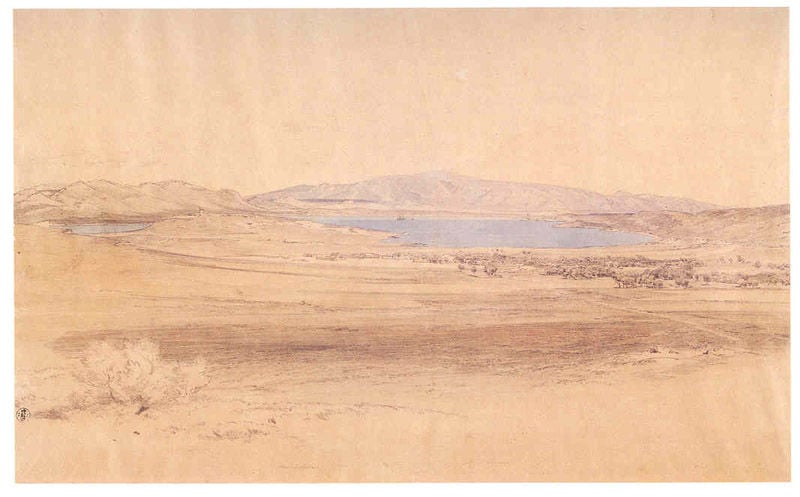 Der Golf von Salamis. by Karl Rottmann. 1834. Motifs recorded: see, landschaft, berge, zeichnung, blau, wasser, hügel, wüste.