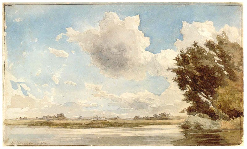 Am Ufer der Loire. by Théodore Rousseau. 1850. Motifs recorded: wolken, landschaft, see, himmel, blau, aquarell, baum, wasser.