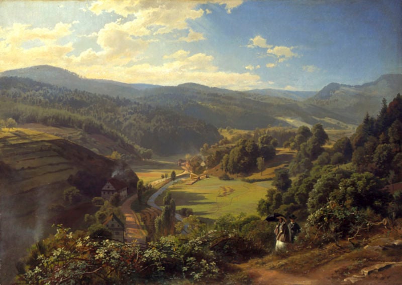 Das Geroldsauertal bei Baden-Baden. by Johann Wilhelm Schirmer. 1855. Motifs recorded: landschaft, himmel, wolken, wald, bäume, tal, berge, haus.