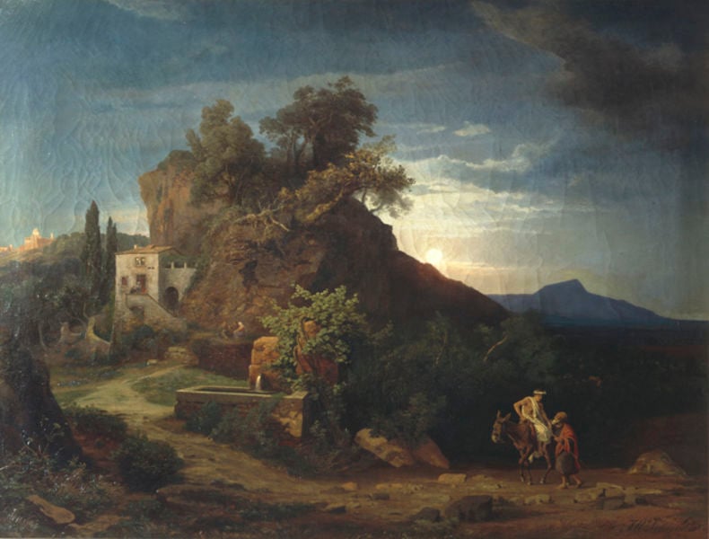 Die Nacht, Die Ankunft des Samariters mit dem Verletzten in der Herberge. by Johann Wilhelm Schirmer. 1857. Motifs recorded: donkey, sky, house, trees, mountain, sunset, clouds, sun.