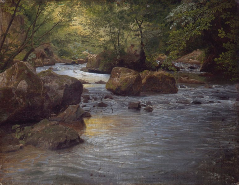 Bergbach mit sitzendem Maler. by Johann Wilhelm Schirmer. 1831. Motifs recorded: steine, bäume, wald, felsen, bach, fluss, wasser, licht.