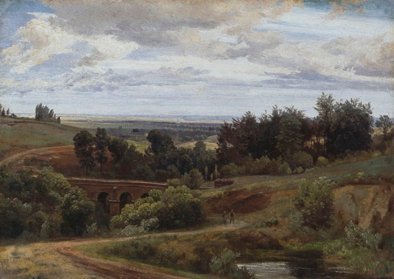 Das Melbtal bei Bonn. by Johann Wilhelm Schirmer. 1852. Motifs recorded: landschaft, brücke, wolken, himmel, bäume, weg, menschen, fluss.