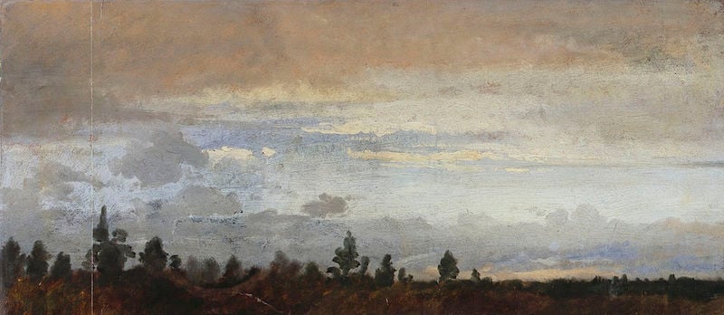 Bewölkter Abendhimmel. by Johann Wilhelm Schirmer. 1841–1853. Motifs recorded: wolken, himmel, landschaft, bäume, blau, wald, horizont, braun.