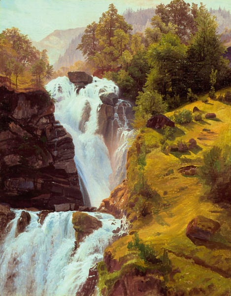Der Reichenbachfall bei Meiringen. by Johann Wilhelm Schirmer. 1837. Motifs recorded: wasserfall, wasser, berge, bäume, felsen, gebirge, wiese, steine.