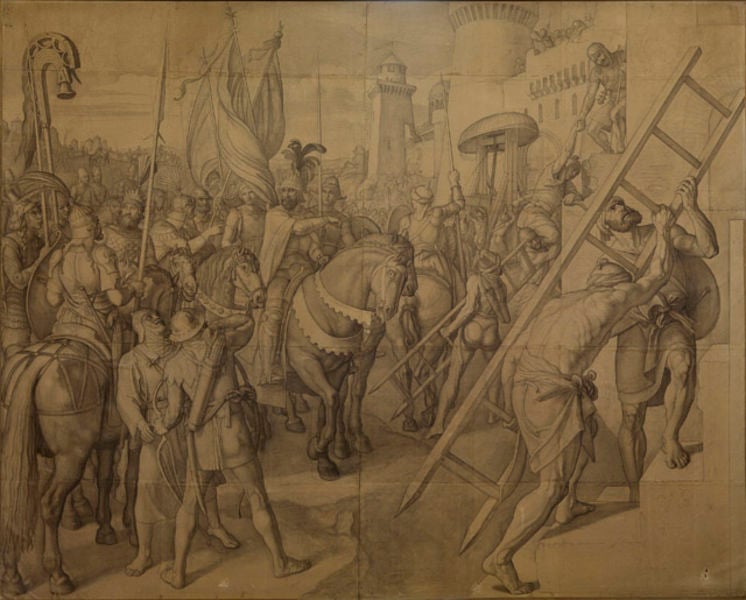 Agramant, König der Sarazenen, bestürmt Paris. by Julius Schnorr von Carolsfeld. 1825. Motifs recorded: leiter, pferde, burg, pferd, reiter, zeichnung, fahnen, turm.