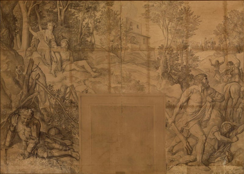Angelika schneidet ihren und Medoros Namen in einen Lorbeerbaum - Rolands Schwermut und Raserei. by Julius Schnorr von Carolsfeld. 1825. Motifs recorded: trees, horse, men, tree, house, building, man, forest.