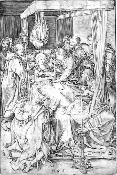 Der Tod Mariens. by Martin Schongauer. 1450–1500. Motifs recorded: bett, frau, kreuz, vorhang, männer, maria, menschen, buch.