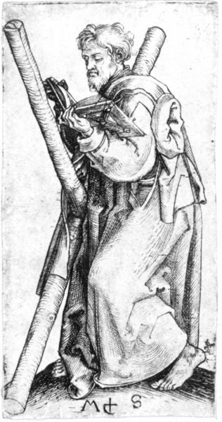 Apostel Andreas. by Martin Schongauer. 1450–1500. Motifs recorded: kreuz, buch, mann, lesen, bart, andreas, zeichnung, andreaskreuz.