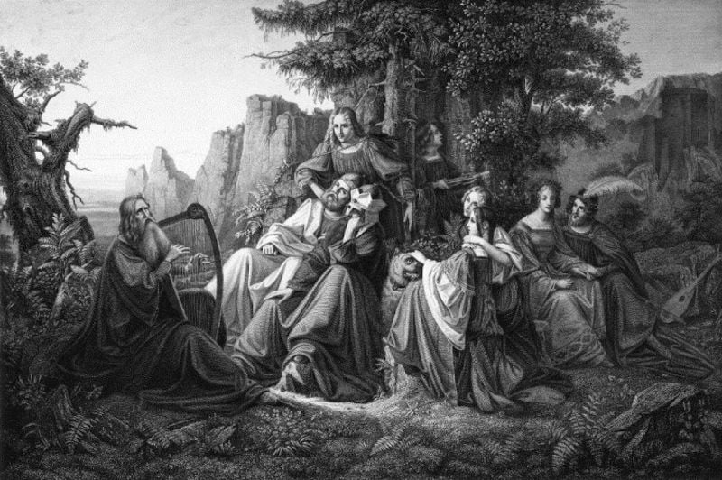 ""Barde vor der Königsfamilie"". by Charles Louis Schuler. 1843. Motifs recorded: harfe, frauen, bäume, männer, feder, farn, felsen, musik.