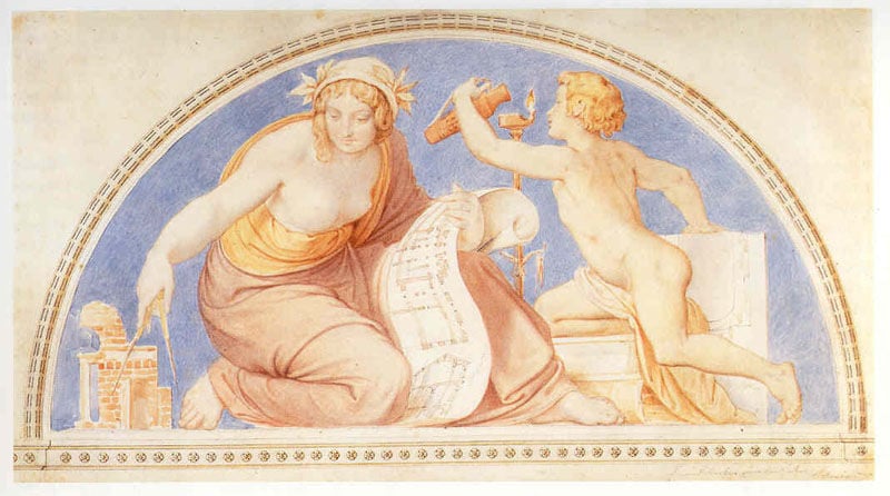 Allegorie der Mathematik. by Moritz von Schwind. 1838. Motifs recorded: frau, zirkel, nackt, architektur, brust, schriftrolle, blau, feuer.