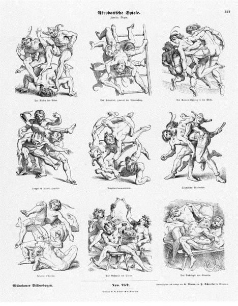Akrobatische Spiele II. by Moritz von Schwind. 1801–1900. Motifs recorded: people, wrestling, ladder, fighting, men, jester, fight, games.