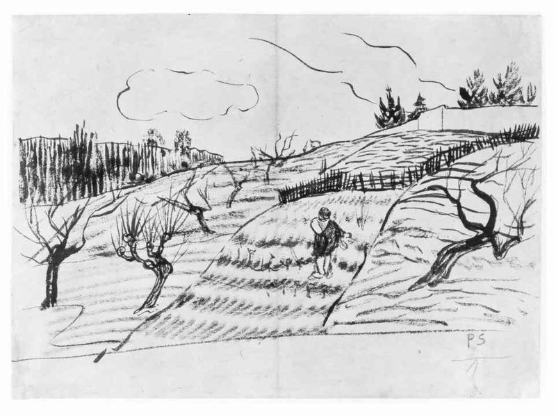 Der Sämann. by Paul Sérusier. 1892. Motifs recorded: zaun, zeichnung, bäume, feld, wolken, mauer, himmel, mann.