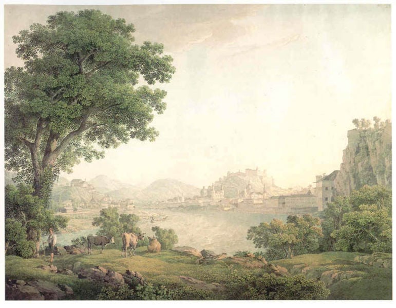 Blick von Nordwesten auf Salzburg. by Johann Jakob Strüdt. 1805. Motifs recorded: landschaft, baum, see, stadt, kühe, hirte, berge, wasser.