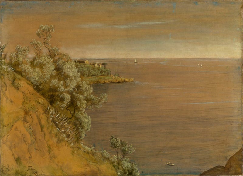 Bei Lerici am Golf von La Spezia. by Hans Thoma. 1883. Motifs recorded: meer, himmel, ufer, wasser, häuser, küste, boot, boote.