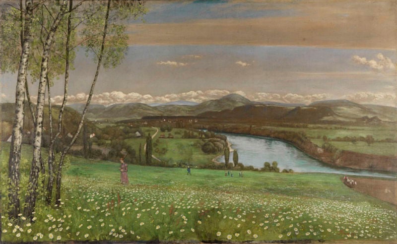 Das Rheintal bei Säckingen. by Hans Thoma. 1899. Motifs recorded: fluss, landschaft, wiese, blumen, wolken, berge, frau, birken.