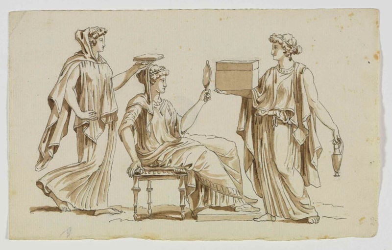 Konvolut mit 23 Zeichnungen, Blatt 2. by Friedrich Weinbrenner. 1792–1797. Motifs recorded: spiegel, frauen, hocker, kiste, zeichnung, stuhl, gewand, falten.