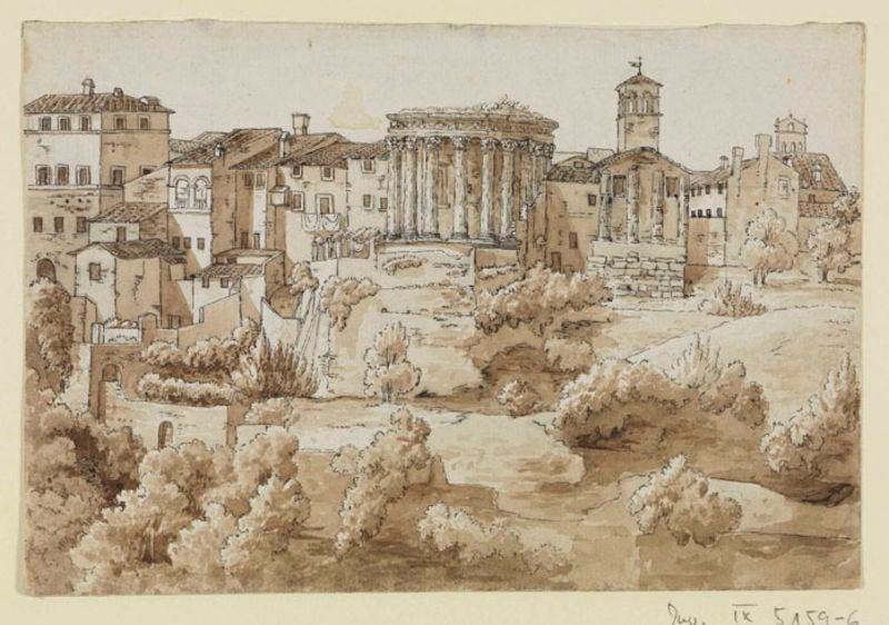 Blick auf Tivoli mit dem Tempel der Vesta. by Friedrich Weinbrenner. 1792–1797. Motifs recorded: säulen, turm, tempel, kirche, mauer, häuser, büsche, stadt.