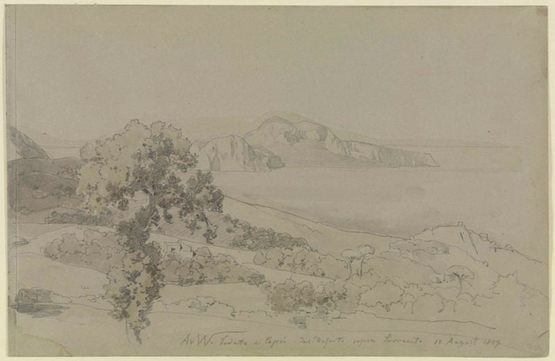 Blick auf die Insel Capri von einer Anhöhe über Sorrent. by Anton Alexander von Werner. 1869. Motifs recorded: baum, meer, berge, zeichnung, landschaft, felsen, wasser, küste.