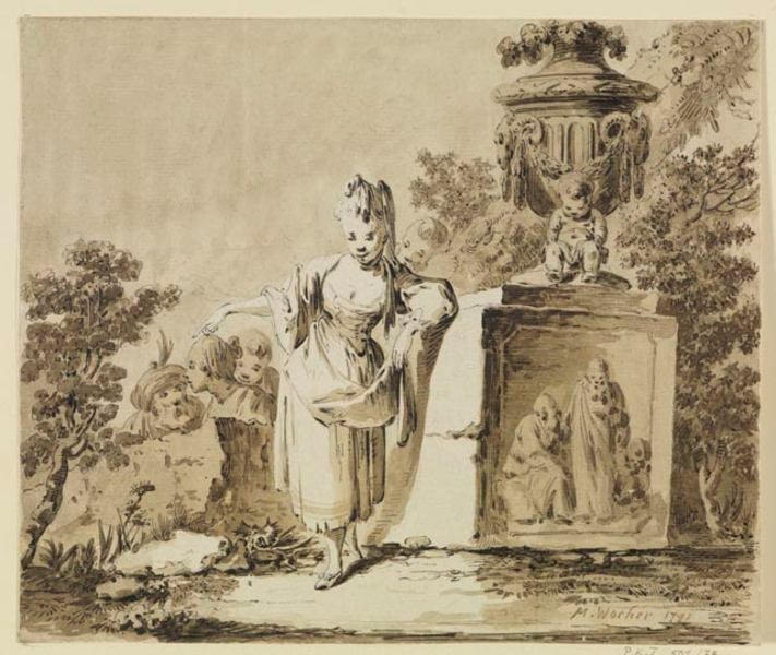 Junges Mädchen, an den Sockel einer Gartenvase gelehnt. by Tiberius Dominikus Wocher. 1791. Motifs recorded: frau, kleid, turban, bäume, mädchen, vase, baum, sockel.