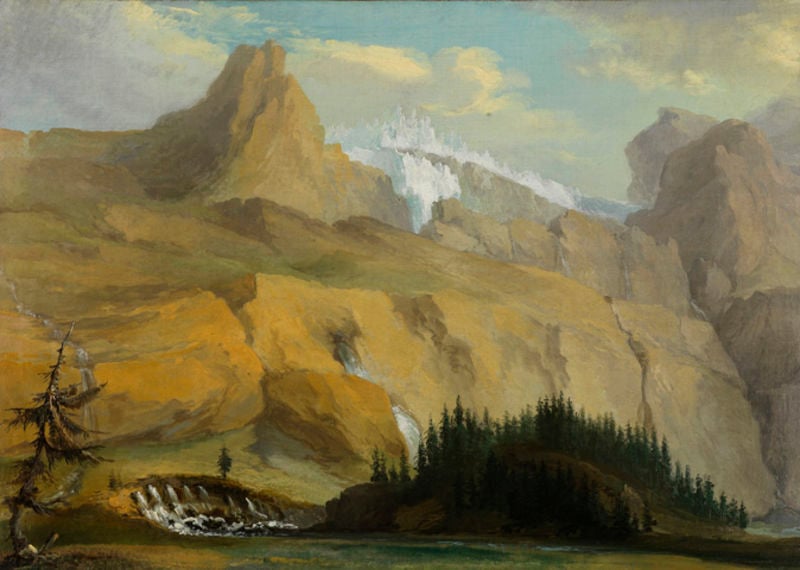 Der Siebenbrunnen im Simmental mit Flughorn und Rätzligletscher. by Caspar Wolf. 1774–1778. Motifs recorded: berge, wasserfall, himmel, wolken, landschaft, wasser, schnee, gebirge.