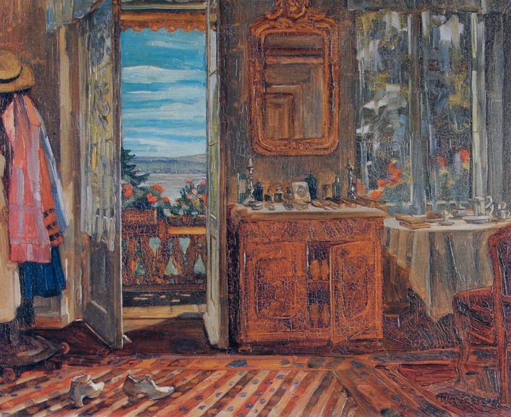 Balkonzimmerinterieur am Starnberger See. by Heinrich Wilhelm Trübner. 1912. Motifs recorded: spiegel, kommode, schuhe, mirror, table, balkon, door, hut.