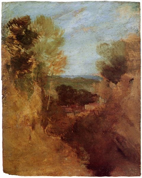 Ein enges Tal. by William Turner. 1807. Motifs recorded: himmel, blau, wolken, grün, landschaft, bäume, ocker, weg.