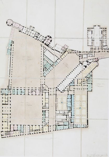 Baubestand der Münchner Residenz im Jahre 1799 (Erdgeschoss). by Maximilian von Verschaffelt. 1799. Motifs recorded: grundriss, zeichnung, plan, kirche, blau, architektur, linien, räume.