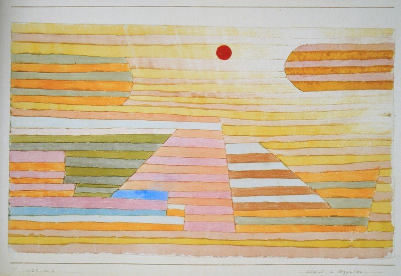Abend in Ägypten, 1929, 33. by Paul Klee. 1929. Motifs recorded: sonne, streifen, gelb, rot, punkt, orange, blau, rosa.