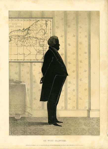 De Witt Clinton (Folio of Silhouettes of Famous Men). by Edmund Burke Kellogg. 1844. Motifs recorded: map, man, table, wallpaper, black, new york, hair, shadow.