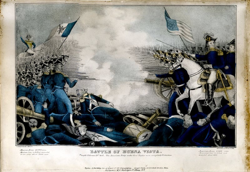 Battle of Buena Vista. by James S. Baillie. 1847. Motifs recorded: horse, battle, cannon, america, soldiers, blue, war, flag.