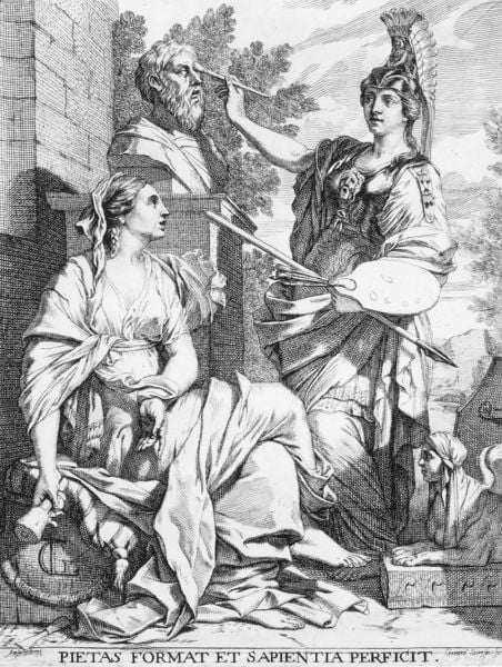 Allegorie der Bildhauerei und der Malerei. by Gerard de Lairesse. 1670. Motifs recorded: sphinx, maler, stich, frau, pinsel, helm, falten, büste.