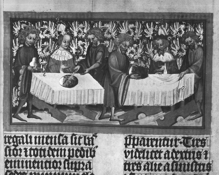 Die Goldene Bulle. 1356. Motifs recorded: tisch, männer, teller, messer, locken, latein, tischdecke, buchmalerei.