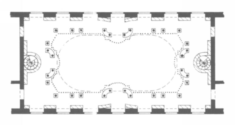 Bibliothek Wiblingen. by Christian Wiedemann. 1737–1750. Motifs recorded: punkte, zeichnung, treppen, fenster, säulen, grundriss, wände, floor plan.