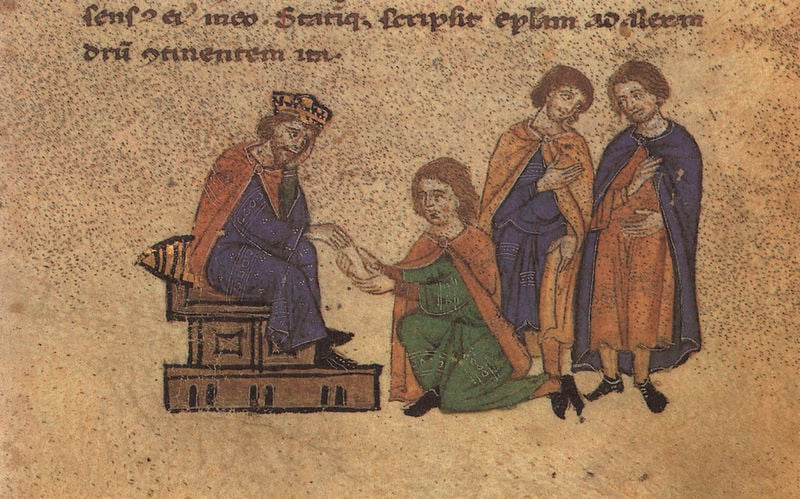 Alexanderroman. 1300–1400. Motifs recorded: krone, thron, könig, blau, umhang, übergabe, rot, schrift.